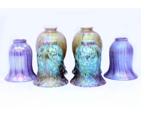 THREE PAIRS OF IRIDESCENT GLASS LIGHT SHADES and five bronzed metal fittings