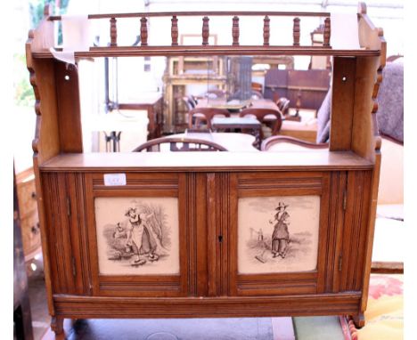 A LATE VICTORIAN WALL CUPBOARD with tile inset doors, 60cm wide; a mahogany tray; a small quantity of wooden spoons and ceram