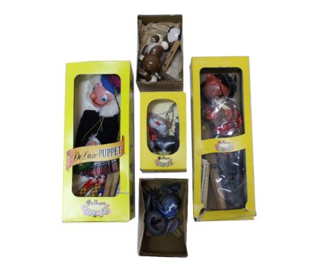 FIVE BOXED PELHAM PUPPETS to include Bengo, out of TV pets, cat, one de-luxe puppet etc. (5)