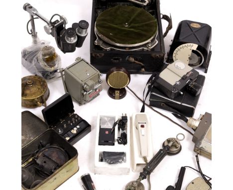 AN OLD STEREOSCOPIC MICROSCOPE a group of various microphones, a wind up gramophone in a case, an old projector, two cine cam