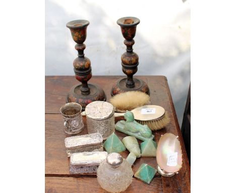 A PAIR OF KASHMIRI TURNED CANDLESTICKS each 24cm in height together with two silver backed brushes, four silver topped glass 