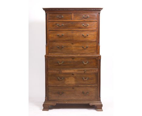 A GEORGE III MAHOGANY CHEST ON CHEST with two short and six long drawers, with brass swan neck handles and raised on ogee bra