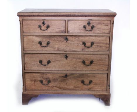 A 19TH CENTURY MAHOGANY CHEST of two short and three long drawers with brass handles and raised on bracket feet 105cm wide x 