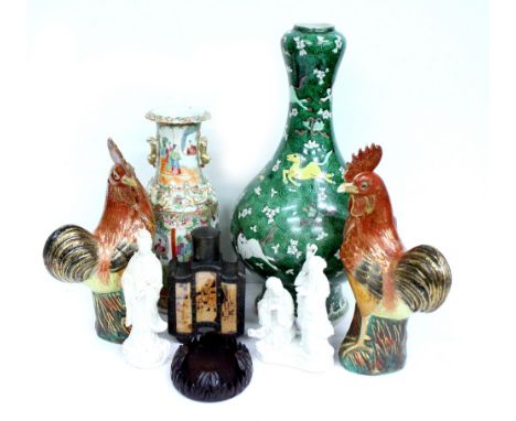 A COLLECTION OF ORIENTAL CERAMIC to include a green glazed vase of baluster form decorated with horses 44cm in height, 19th C