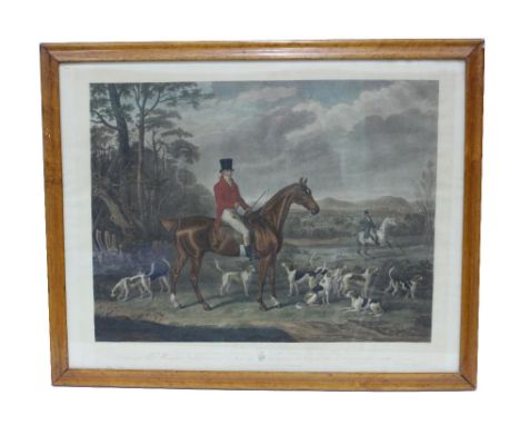 W. GILLER, 19TH CENTURY HUNTING PRINT with a maplewood frame, 54cm x 60cm 