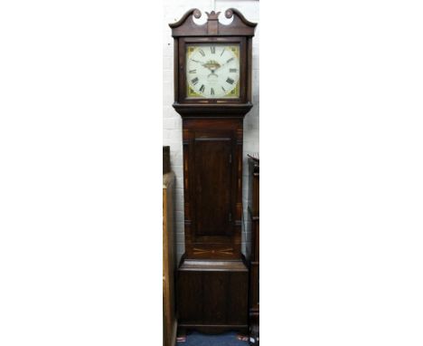 A 19TH CENTURY OAK MAHOGANY 30 HOUR LONGCASE CLOCKwith painted dial, signed Isaac Prince, Grove' and with old paper label wit