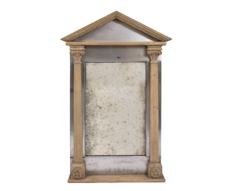 A LARGE PAINTED PINE AND METAL WALL MIRROR with an arching top and pillar supports, 111cm wide x 190cm high