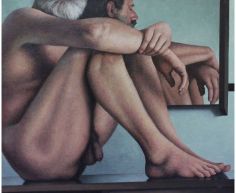 ATTRIBUTED TO OSCAR MELLOR (20TH CENTURY SCHOOL) seated nude- self portrait, oil on canvas, unframed and unsigned 76cm x 91cm