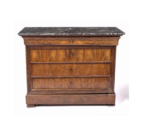 A 19TH CENTURY FRENCH MAHOGANY COMMODE with grey marble top above four long drawers, 125cm 