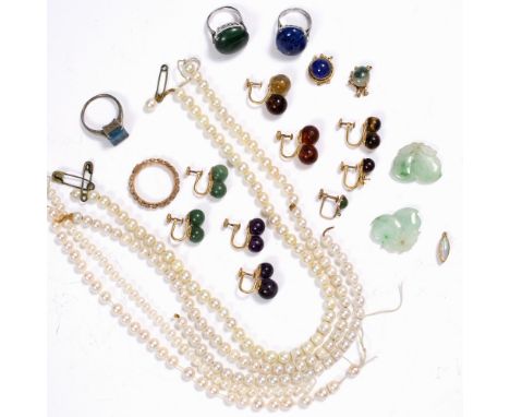 A COLLECTION OF JEWELLERY comprising cultured pearl strands, three single stone rings, assorted earrings and two jade panels