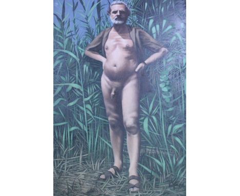 ATTRIBUTED TO OSCAR MELLOR (20TH CENTURY SCHOOL) full length semi nude portrait of the artist standing among tall grasses, 15