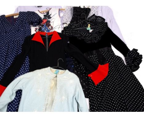 A SELECTION OF LADIES VINTAGE DRESSES mostly polkadot design, one navy, red and white floral design, to also include a 'Gina'