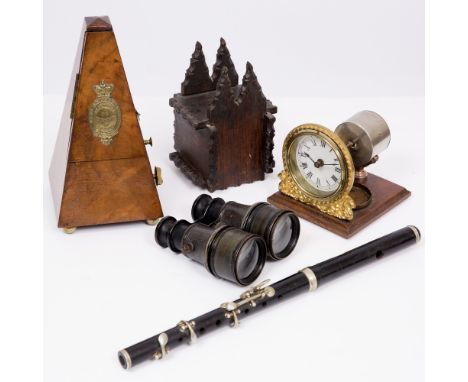 A PRICE'S NIGHT LIGHT CLOCK with gilt metal mounts on oak plinth, a Hazel of London piccolo, an oak money box, and a pair of 