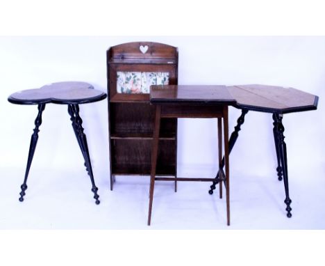 A BURR WOOD TOPPED TREFOIL OCCASIONAL TABLE standing on black painted bobbin turned legs, and one other burr wood topped tabl