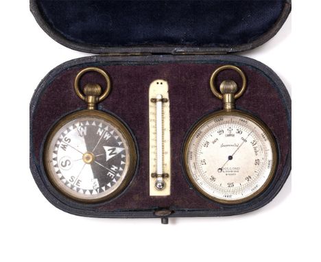 A CASED SET OF POCKET BAROMETER, COMPASS AND THERMOMETER the compass with mother-of-pearl dial and the barometer with silvere