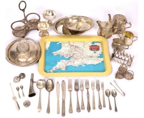 A SELECTION OF GWR EPNS HOTEL WARE to include enamel serving tray, bachelors teapot, sucrier, cream jug, serving dish, toast 