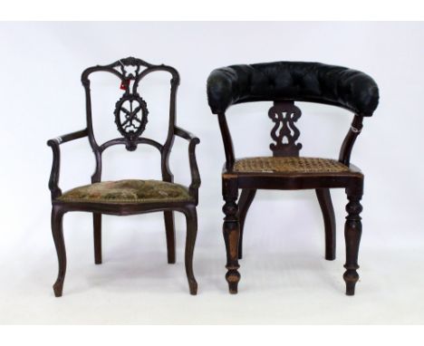 A VICTORIAN MAHOGANY FRAMED TUB CHAIR with a leather button upholstered top rail, a caned seat and turned supports, 56cm wide