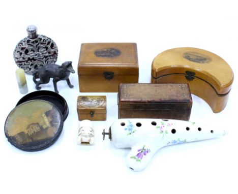 A GROUP OF THREE MAUCHLINE WARE BOXES  the largest crescent shaped box depicting Hunstanton Pier together with further items 