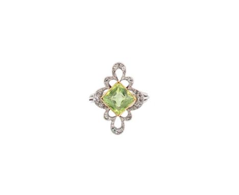 An early 20th century peridot and diamond ring, rubover set square faceted peridot, diameter approximately 7.4mm, estimated a