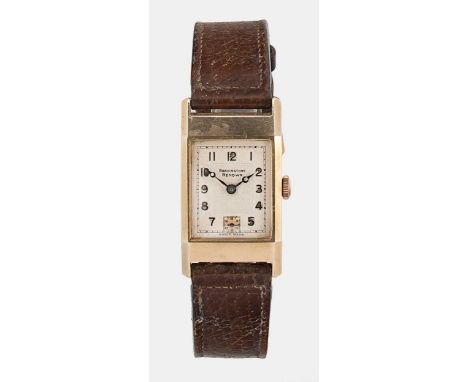 Bravingtons, London - A 9ct gold 'Renown' wristwatch, circa 1936, model number 401, rectangular cream coloured dial with engi