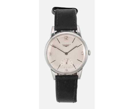 Longines - A steel wristwatch, vintage unknown, probably mid 20th century, circular silvered dial with silver coloured batons