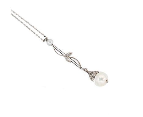 An Edwardian pearl and diamond necklace, pendant section set with an 8.8mm button shaped pearl (untested), single cut diamond