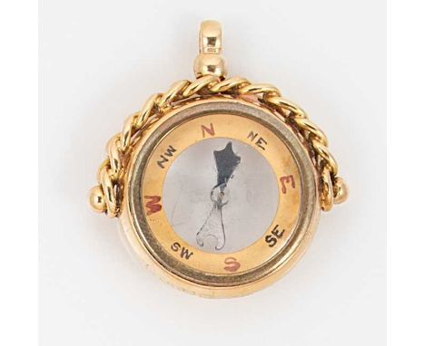 An 18ct gold fob pendant in the form of a compass, mark of Arthur Lofthouse, Birmingham 1920, solid chain C shaped frame, dou