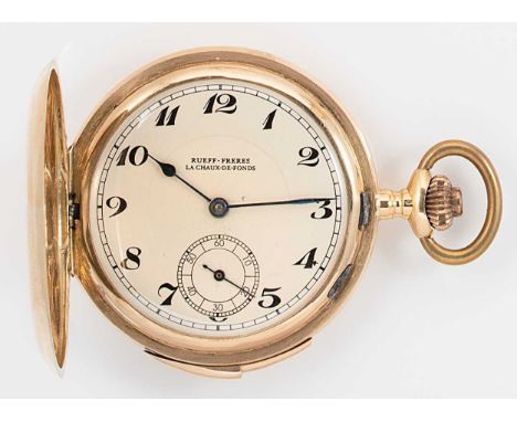 Rueff Frères, La Chaux-de-Fonds - A Swiss 18ct gold minute repeating hunter pocket watch,  circa 1920, cream coloured dial, b