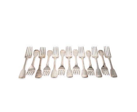 Dublin - A set of 13 George IV silver table forks, mark of Patrick Moore, tandem marked by Matthew West, 'Fiddle' pattern, mo