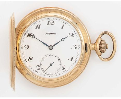 Alpina - A Swiss 14ct gold hunter pocket watch, circa 1930, white dial, black Arabic numerals, blued hands and subsidiary sec