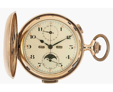 Unsigned - A triple calendar and moonphase quarter repeating chronograph hunter pocket watch,  circa 1900, white dial, black 