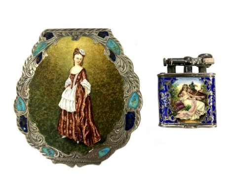 An Italian metalwares silver and enamel powder compact, together with a cigarette lighter,  the compact with mark of Ottavia 