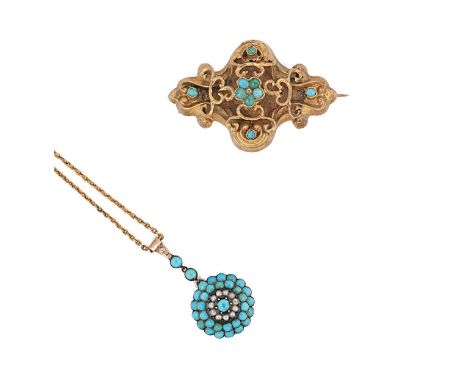 A turquoise pendant, together with a turquoise memorial brooch, first, the pendant with a cluster of turquoise and split pear