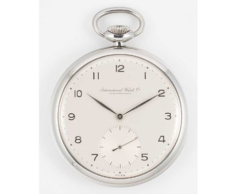 IWC, Schaffhausen - A steel open faced pocket watch, circa 1950, cream-coloured dial, silver coloured Arabic numerals, hands 