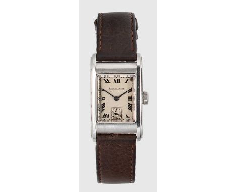 Jaeger-LeCoultre - A steel wristwatch, circa 1940, serial number 55489, rectangular cream coloured dial with black Roman nume