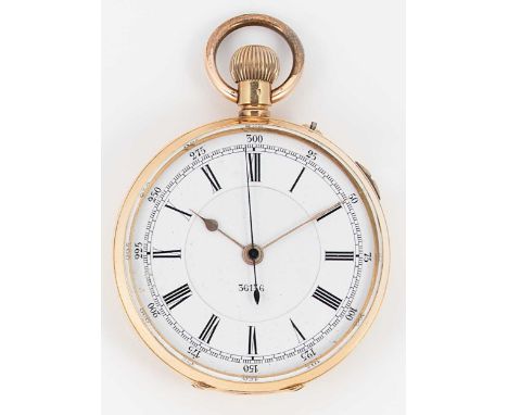 William Greenwood, Leeds - A Swiss 18ct gold open faced chronograph pocket watch, circa 1890, white dial, black Roman numeral
