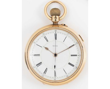 Unsigned - A Victorian 18ct gold open faced chronograph pocket watch, circa 1899, white dial, black Roman numerals, gold colo