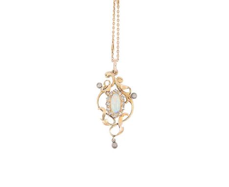 An opal and diamond pendant and chain, the pendant set with an oval shaped opal, approximately 11.8 x 6.3mm, estimated approx