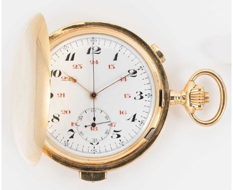Unsigned - A Swiss 18ct gold minute repeating chronograph hunter pocket watch,  circa 1900, white dial, black Arabic numerals