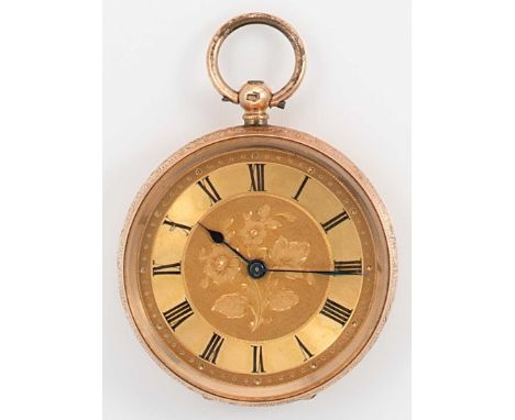 Unsigned - A Swiss 14ct gold open faced pocket watch, circa 1880, engine turned dial with floral inner, black Roman numerals 