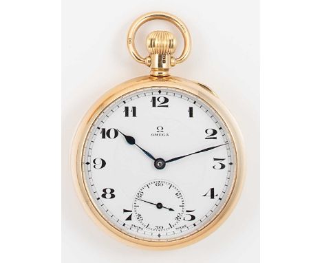 Omega - An 18ct gold open faced pocket watch, circa 1922, white dial, black Arabic numerals, blued hands and subsidiary secon