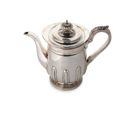 A George IV silver coffee pot,  mark of J. E. Terrey & Company, (John Edward Terry), London 1820, of cylindrical form, lower 