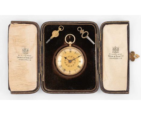 Unsigned - A Victorian 18ct gold open faced pocket watch,  circa 1886, engine turned dial with inner floral decoration, black