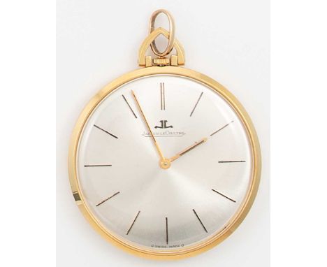 Jaeger LeCoultre - A Swiss 18ct gold open faced slim dress pocket watch, circa 1960, silvered dial, gold coloured batons and 