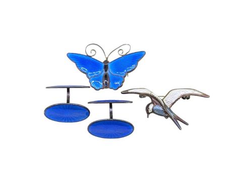 David Anderson - A trio of enamelled jewels, first, the butterfly brooch with blue enamel decoration, dimensions 4.5 x 2.9cm,