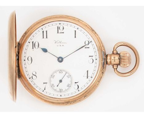 American Watch Company, Waltham, Mass. - A 9ct gold hunter pocket watch, circa 1925, white dial, black Arabic numerals, blued