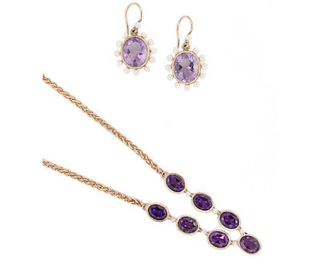 A 9ct gold amethyst necklace, together with a pair of amethyst ear pendants, first, the necklace with a centrepiece of seven 