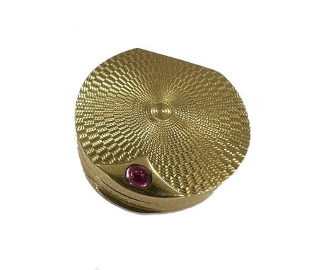 A mid 20th century 18ct gold pill box, retailed by Asprey, mark of Ramsden &amp; Roed, London 1967, of D shaped form, decorat