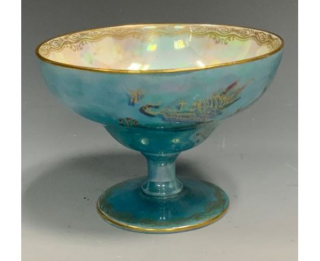 A Daisy Makig Jones for Wedgwood Dragon lustre melba dish, the exterior with a flying Dragon on a turquoise ground, interior 