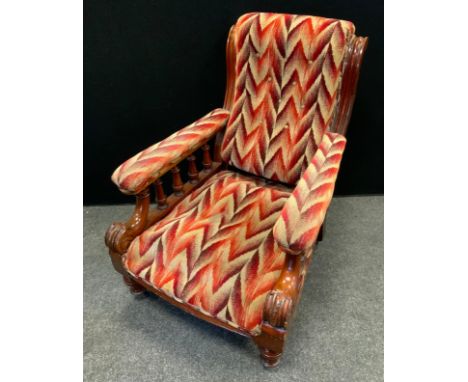A Victorian gentleman's side chair, upholstered button back, stuffed-over arm rest and seat, turned spindles, c.1870 
